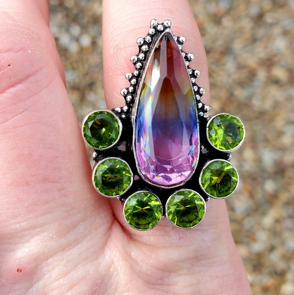 New Bi-Color Tourmaline & Peridot 925 Silver Ring. - Picture 3 of 12